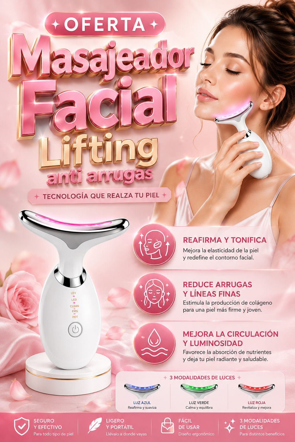 Masajeador Facial Reafirmante con Luz LED | Tratamiento Antiarrugas y Reducción de Papada