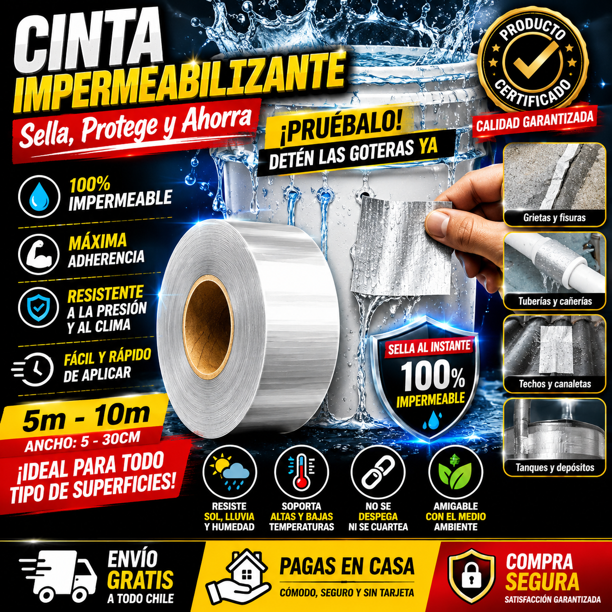 CINTA IMPERMEABLE 2 UNIDADES (5 CM X 10 METROS DE LARGO )